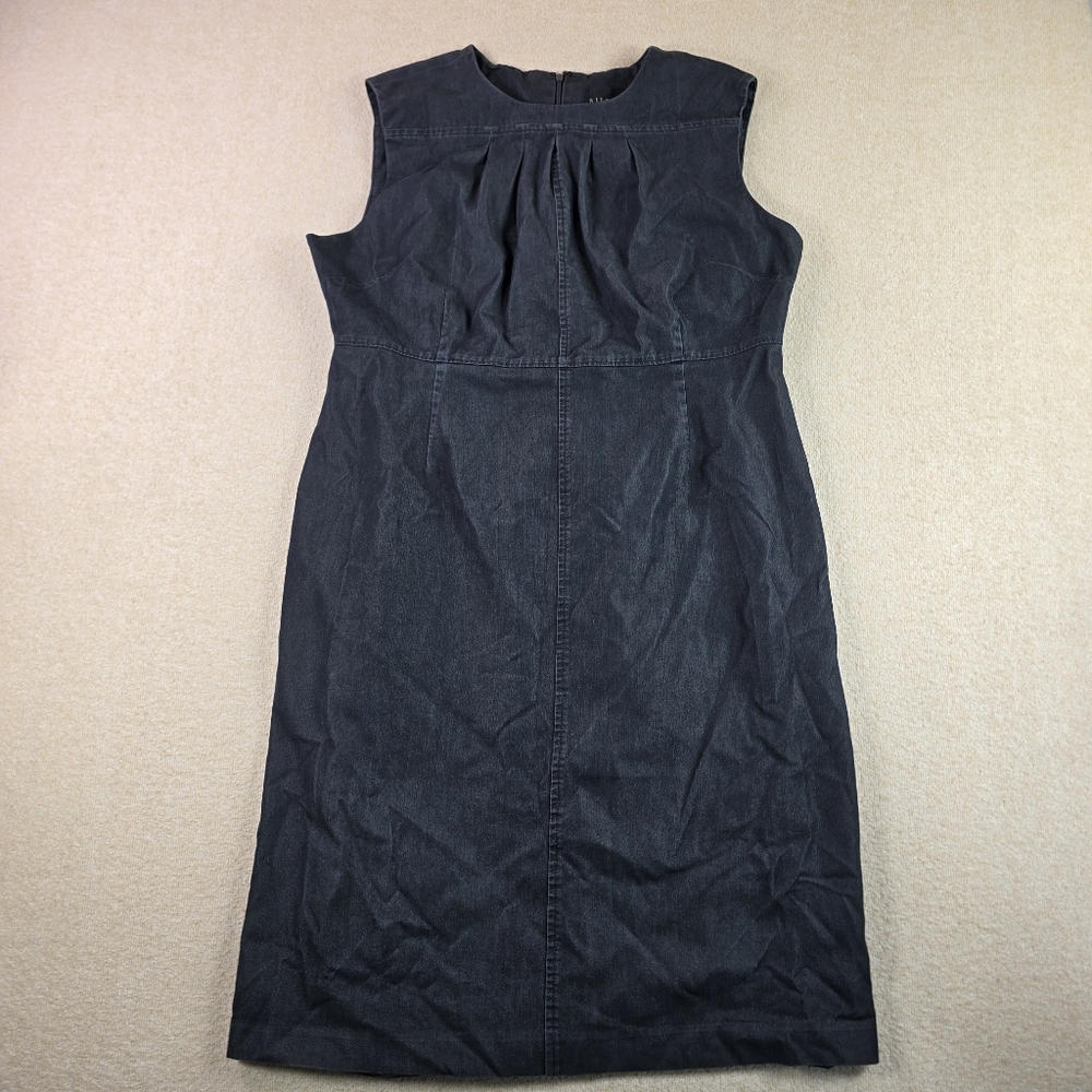 attention Dark Denim Pleated Neck Midi Dress